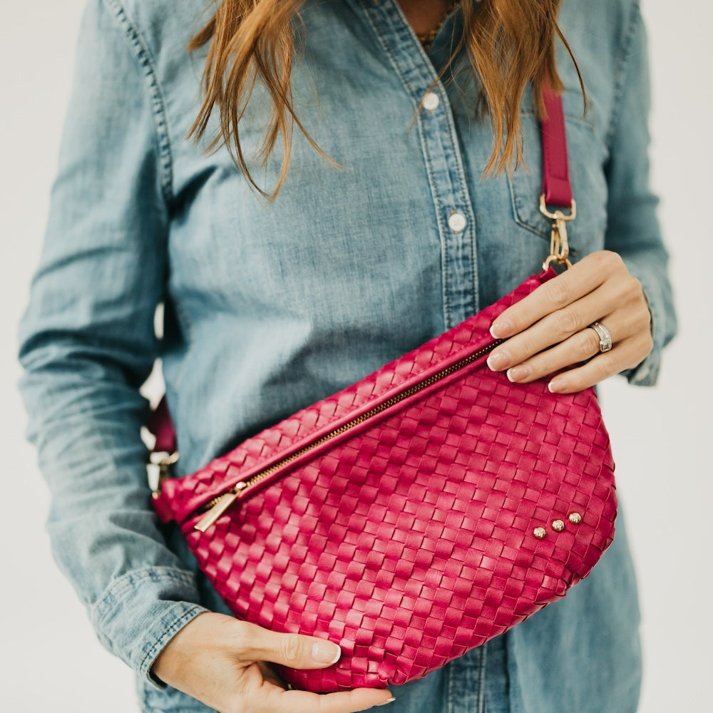Red woven checkered bum bag with gold zipper and adjustable strap