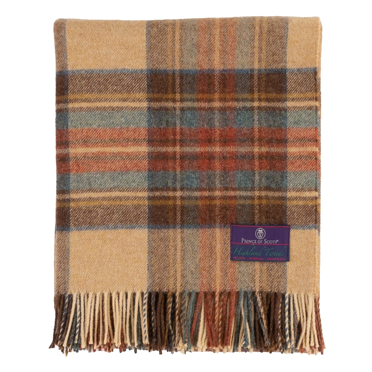Plaid lambswool throw with fringe edge and woven label, tan, brown, blue and rust.