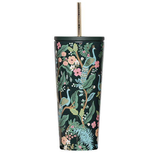 24 oz Rifle Paper cold cup with gold straw and peacock, floral, and leafy print