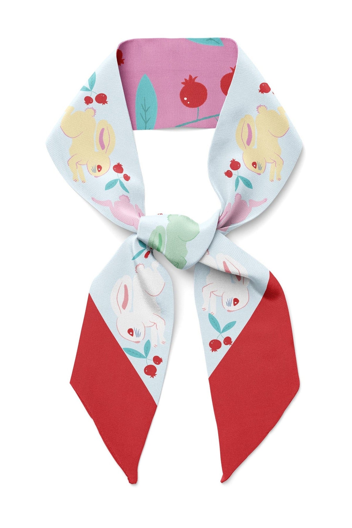 Twilly ribbon scarf with multicolor bunny print, tied neck bow in red and white