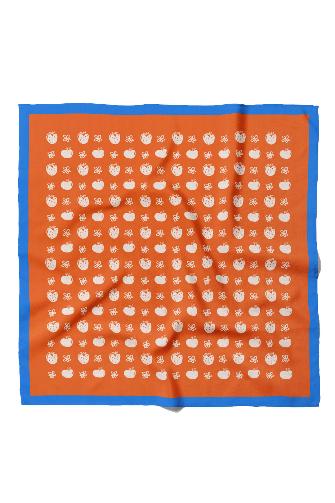 Orange square cotton bandana with blue trim and scattered white tiny fruit motifs.