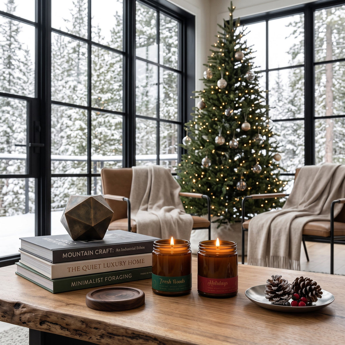 Two lit amber glass soy candles on a table with Fresh Woods (green) and Holidays (red) labels