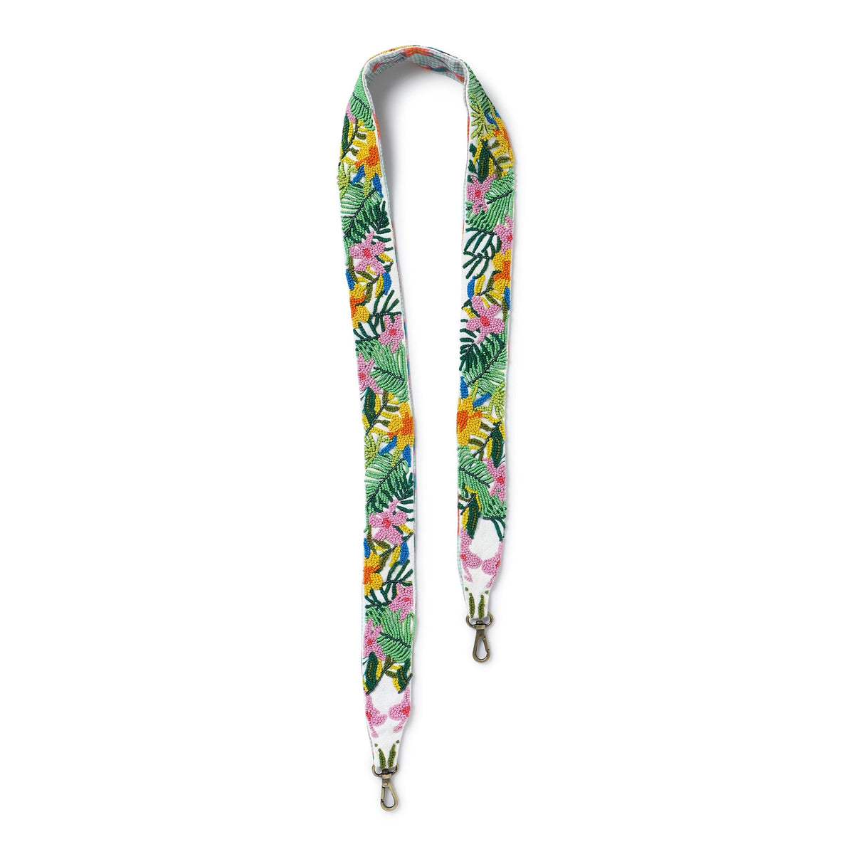 Floral embroidered strap with multicolor botanical pattern and metal clip ends