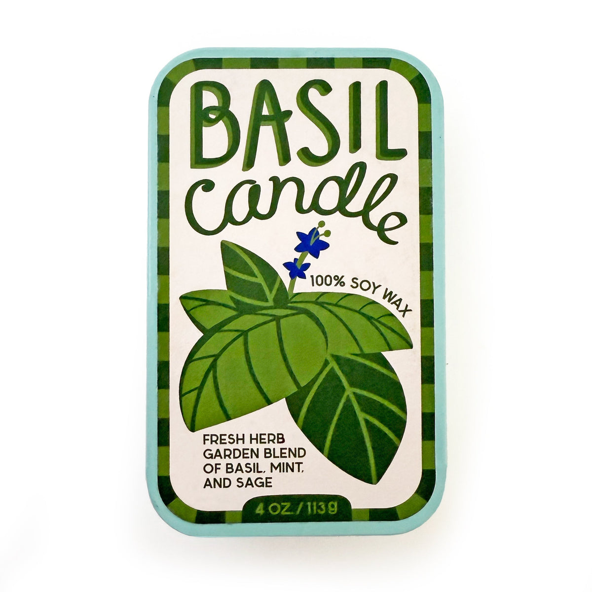 Basil soy candle tin front label with green herb leaves on mint container.