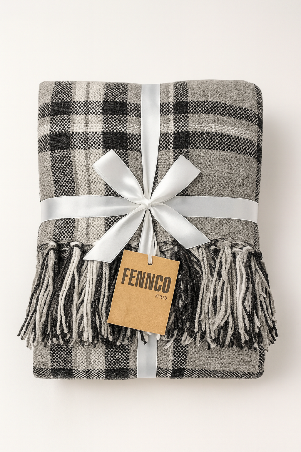 Plaid tassel throw blanket wrapped with white ribbon and gift tag, black/gray/white plaid