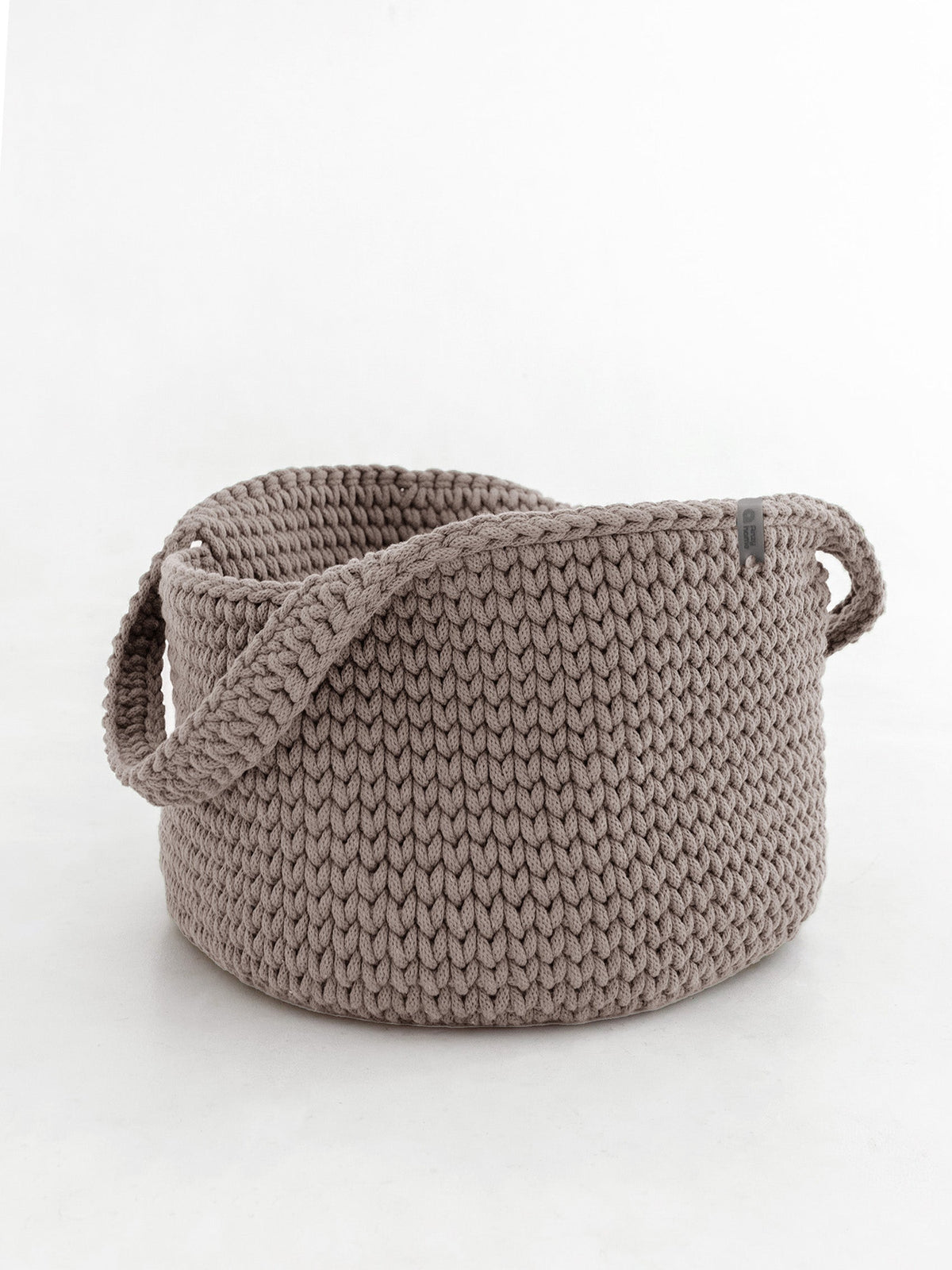 Taupe round rope basket with handles, chunky knit rope weave