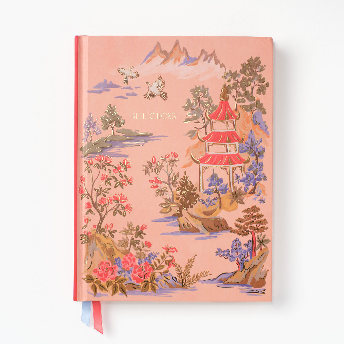 Hardcover chinoiserie notebook cover with “REFLECTIONS” text and pink ribbon bookmark