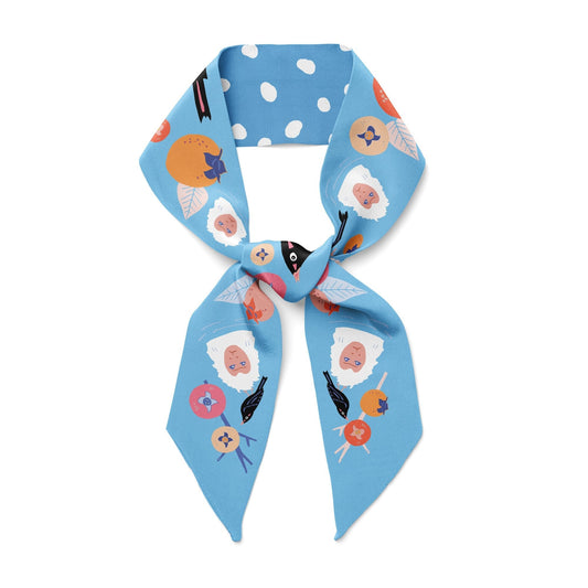 Light blue twilly ribbon scarf with cartoon monkeys, persimmons and white dots