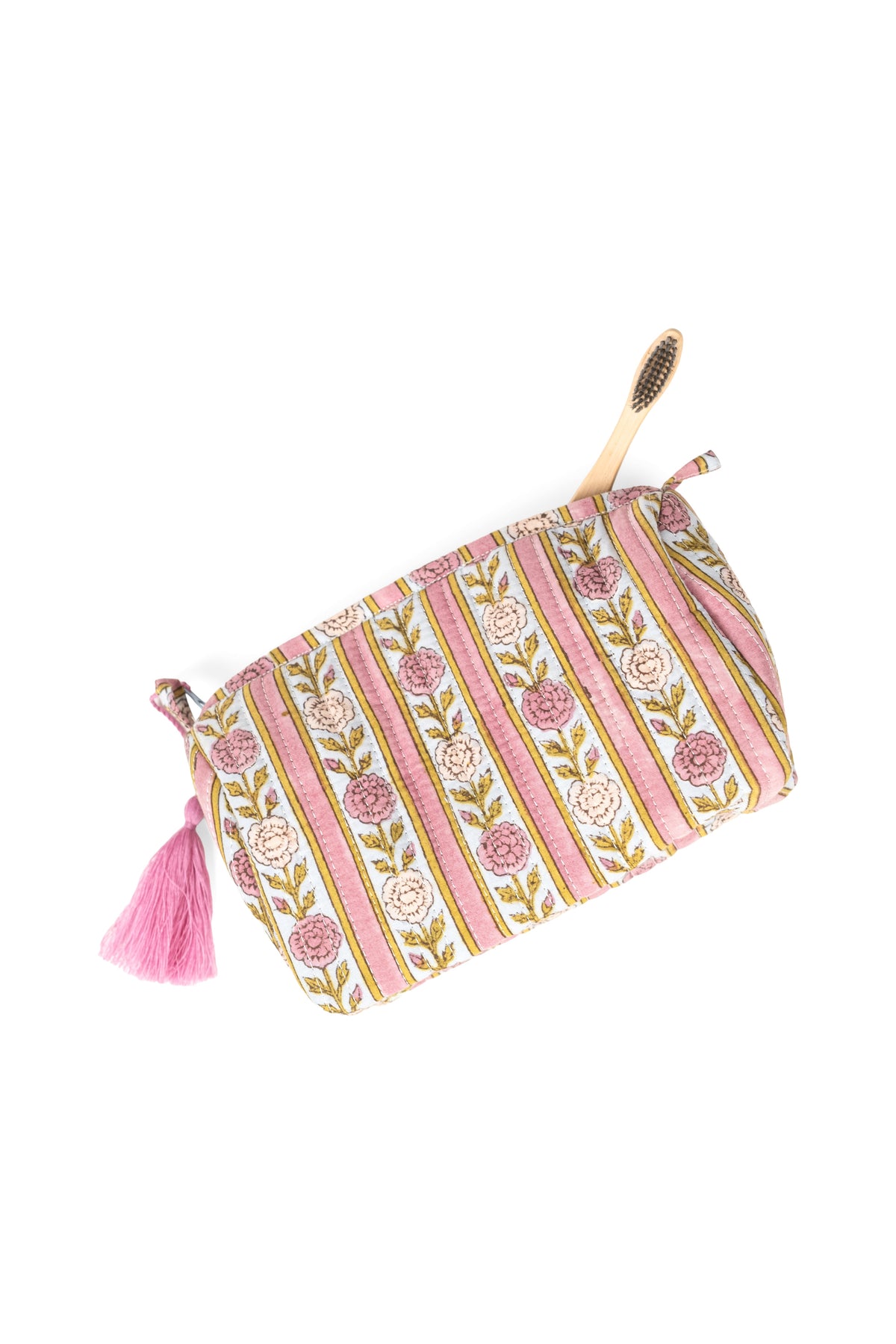 Vintage floral striped makeup bag with zipper and pink tassel