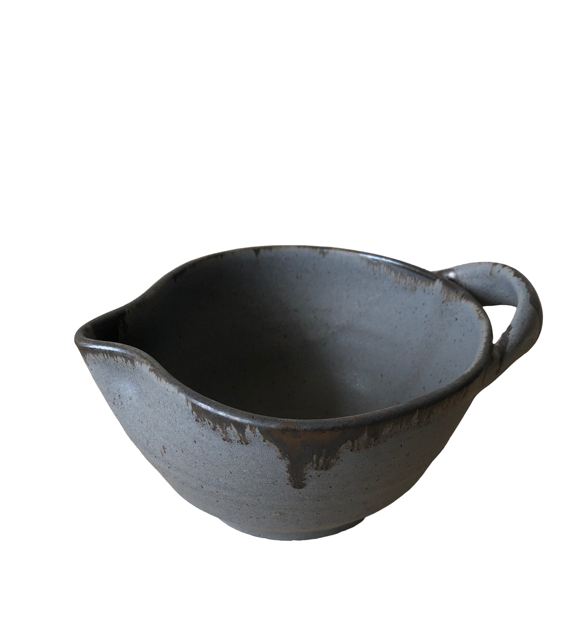 Gray stoneware batter bowl with speckled finish and side loop handle