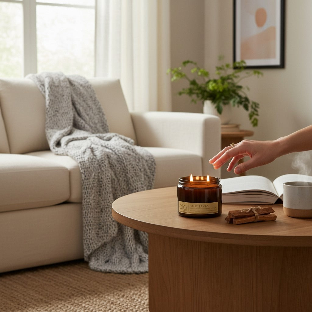 Small amber soy candle jar with lit flames on a side table