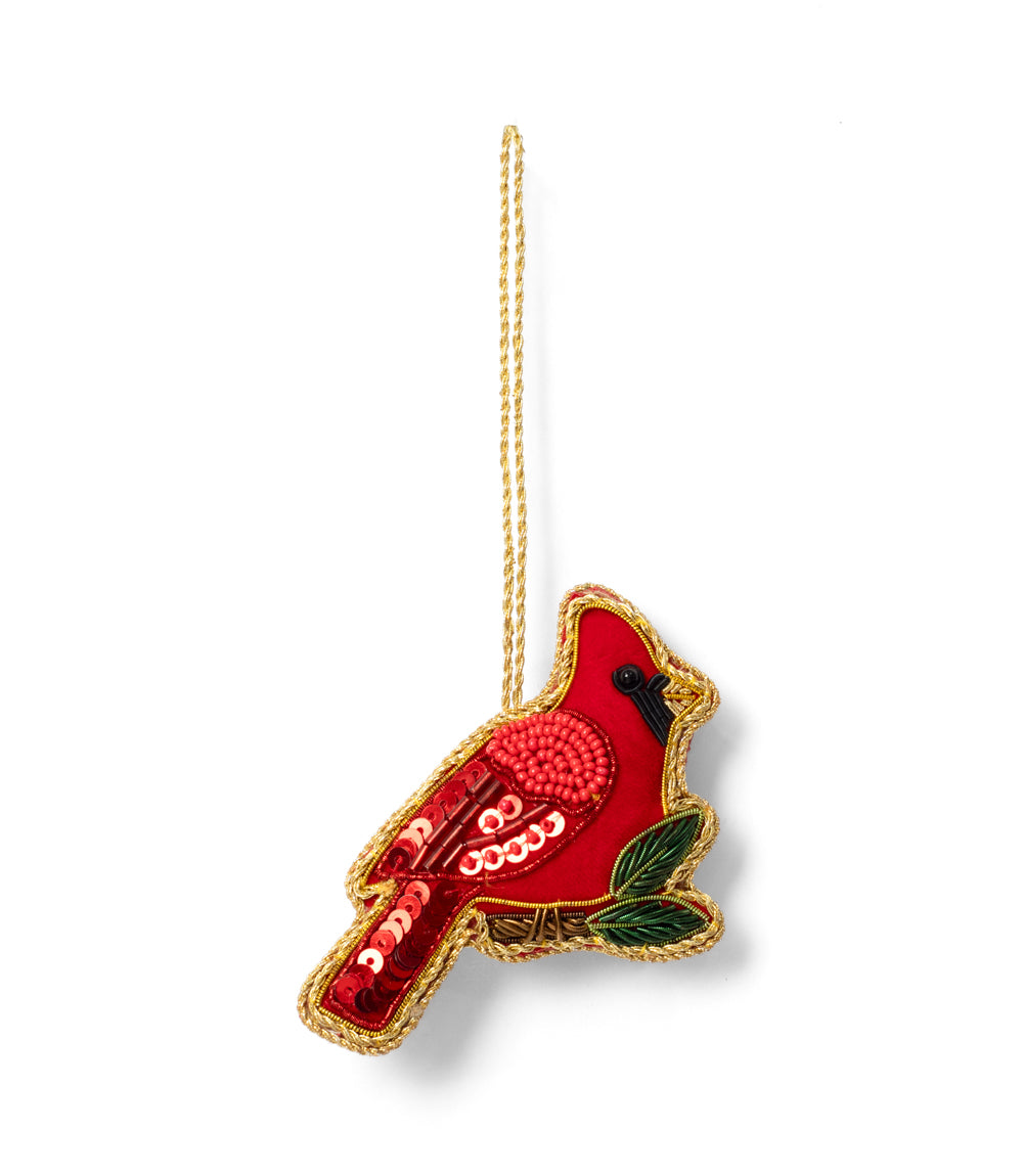Plush cardinal fabric ornament with red bead embroidery, gold trim, green leaf accents, hanging string
