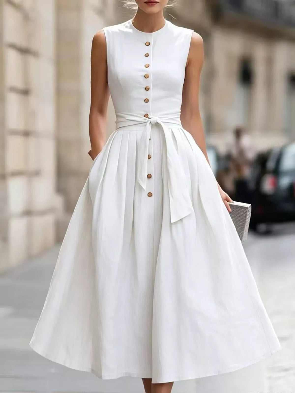 Vintage-Inspired Belted Sleeveless Midi Dress
