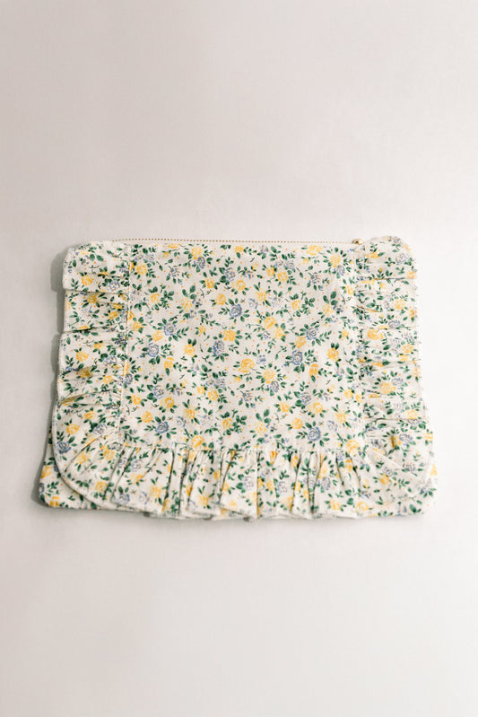 Floral ruffle zipper pouch with gathered bottom, cream fabric and multicolor flowers.