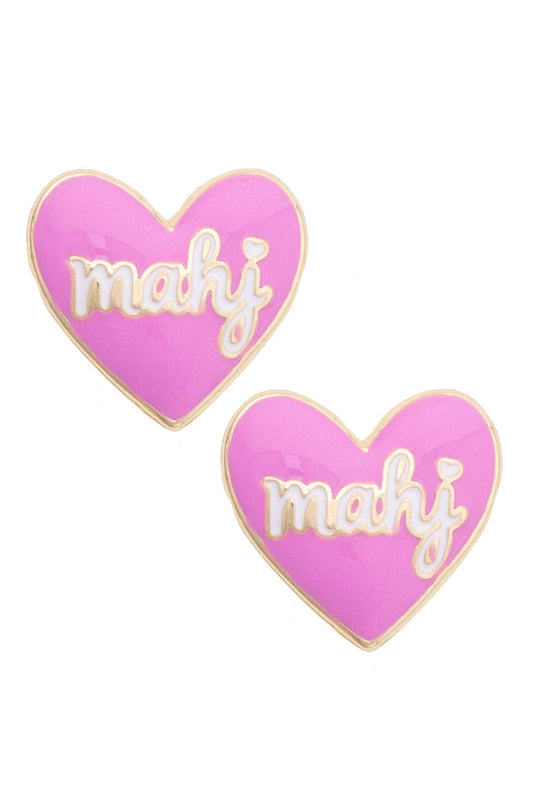 Lilac enamel heart stud earrings with gold-tone outline and Mahj script logo