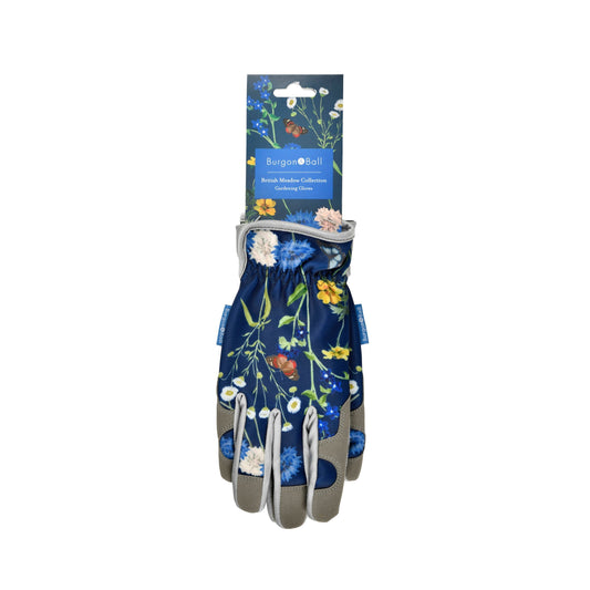 Meadow garden gloves in blue with white flowers, green stems, and gray panels