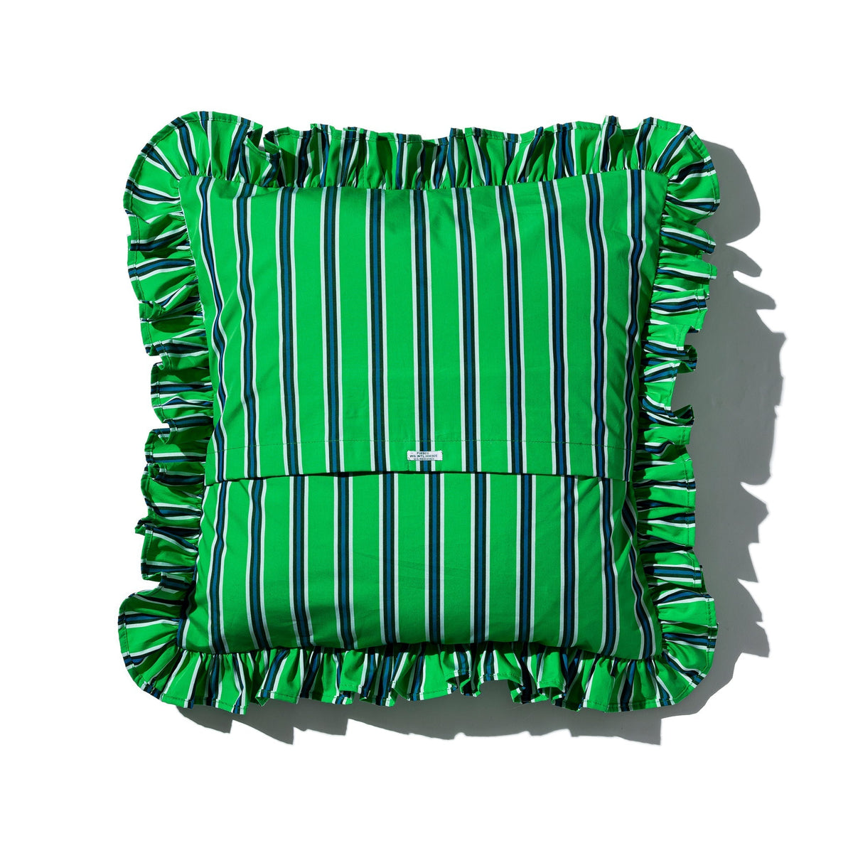 Green vertical stripe ruffle cushion cover with gathered ruffle trim
