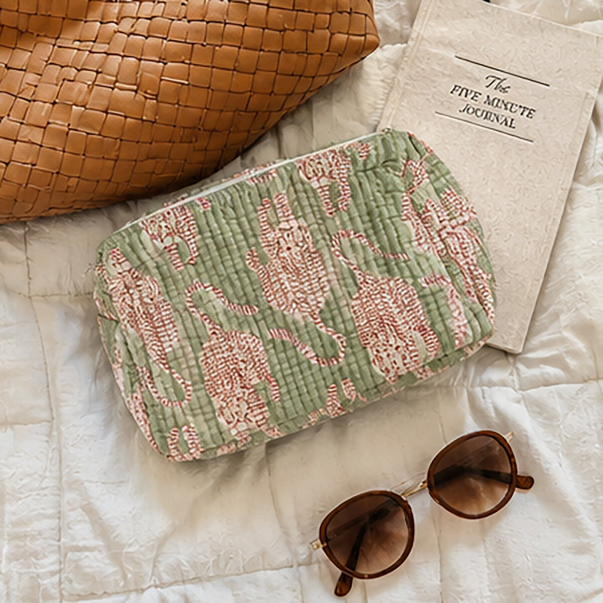 Sage green zipper pouch with cat silhouette print, rectangular shape, and gathered sides.