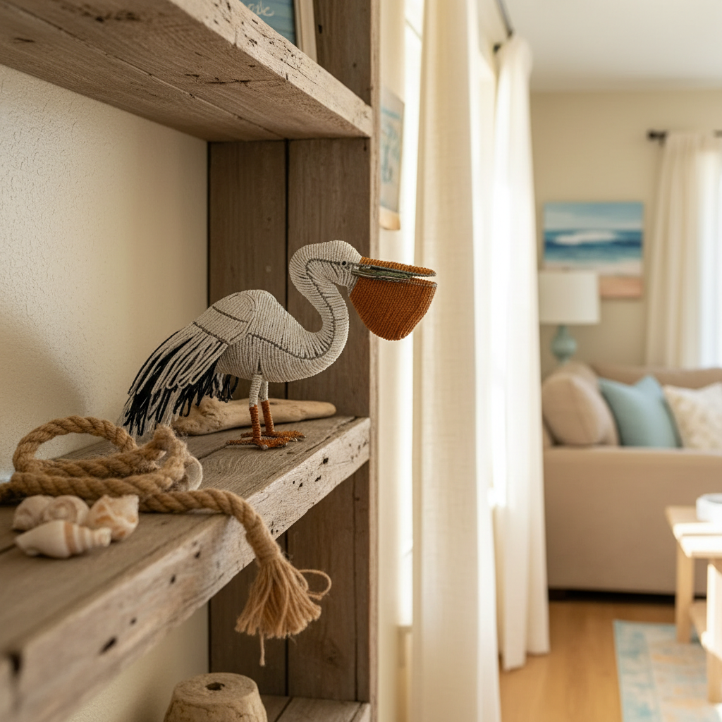 Pelican figurine in white knit perched on a wooden ledge, orange beak and dangling fringe.