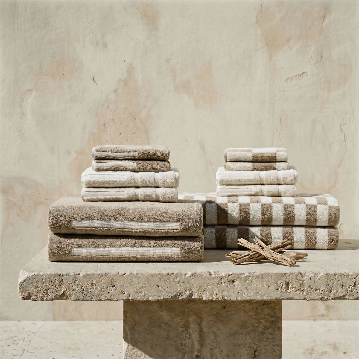 Cotton towel set in tan and ecru, neatly folded with striped accents