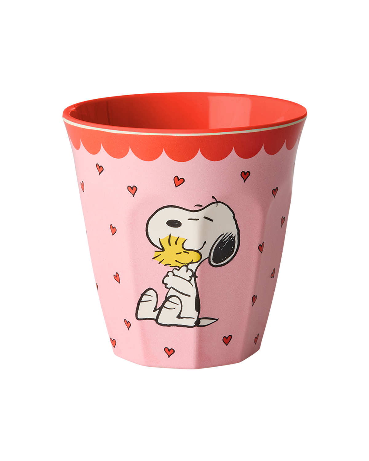 Pink melamine cup with Snoopy and hearts, red interior