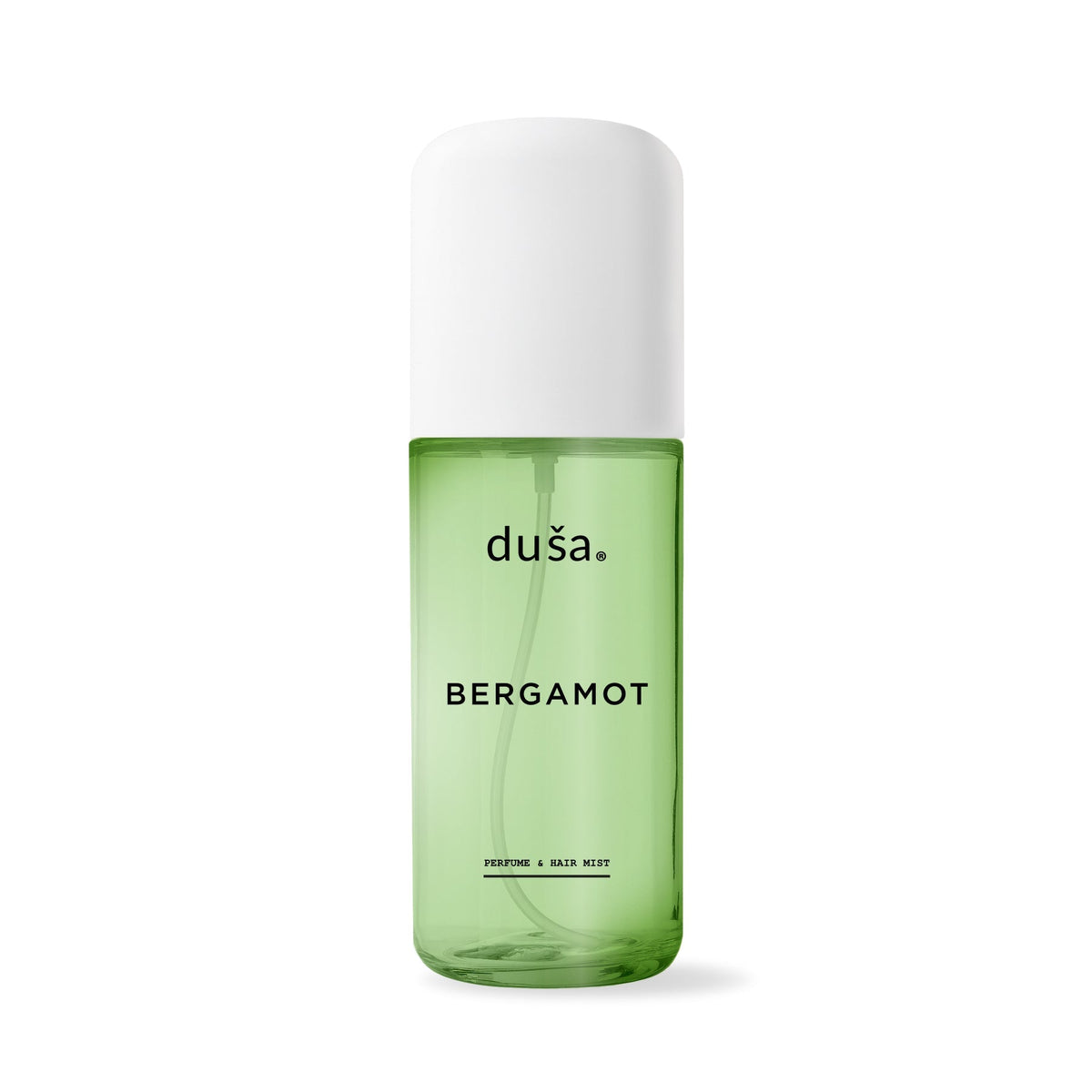 Bergamot perfume mist hair and body spray bottle with green liquid and white cap
