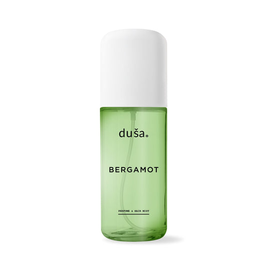 Bergamot perfume mist hair and body spray bottle with green liquid and white cap