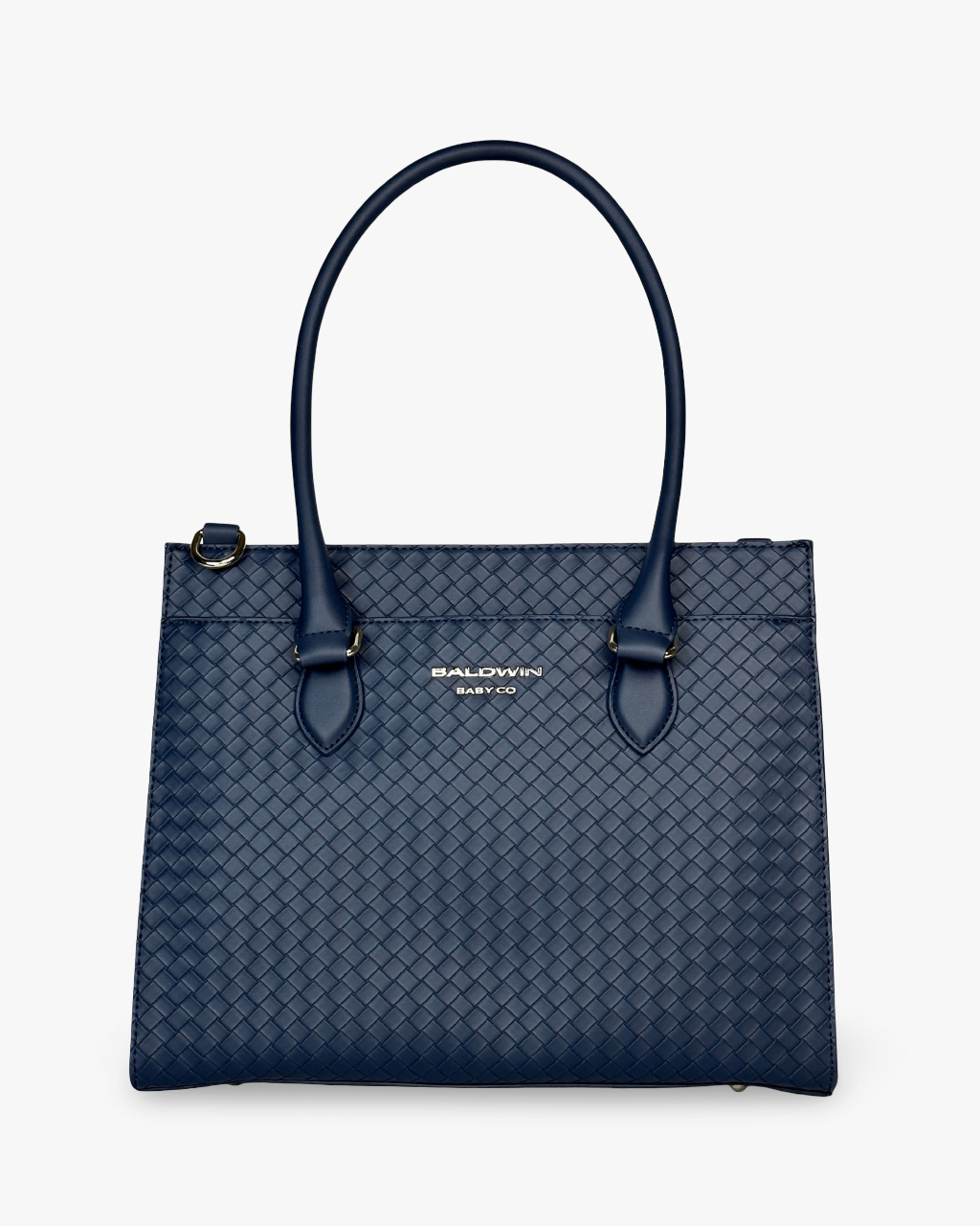 Cobalt diaper bag tote with woven texture, long handles, and gold-tone logo