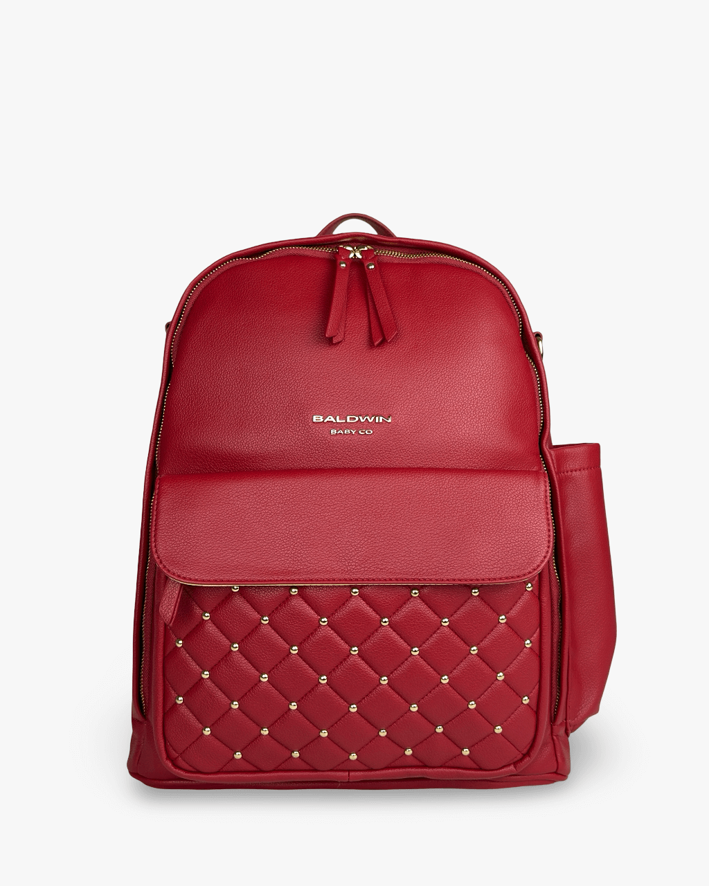 Crimson diaper bag with a front flap pocket and studded quilted lower panel.