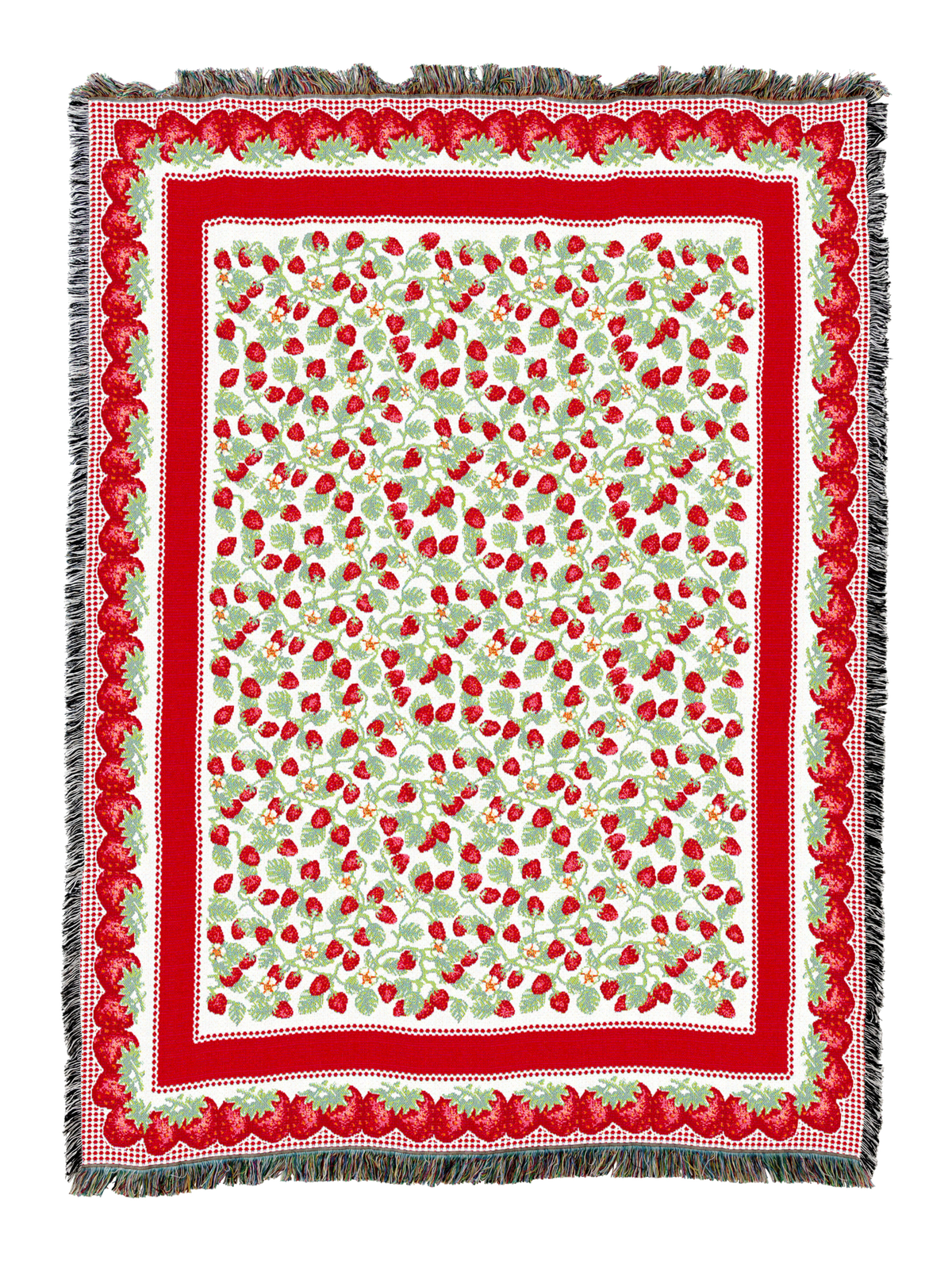 Strawberry-pattern blanket with red scalloped border and green-and-white leaf design