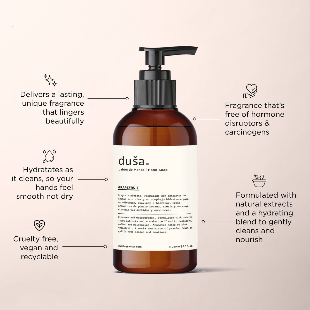 Amber hand cream bottle with black pump and illustrated care icons