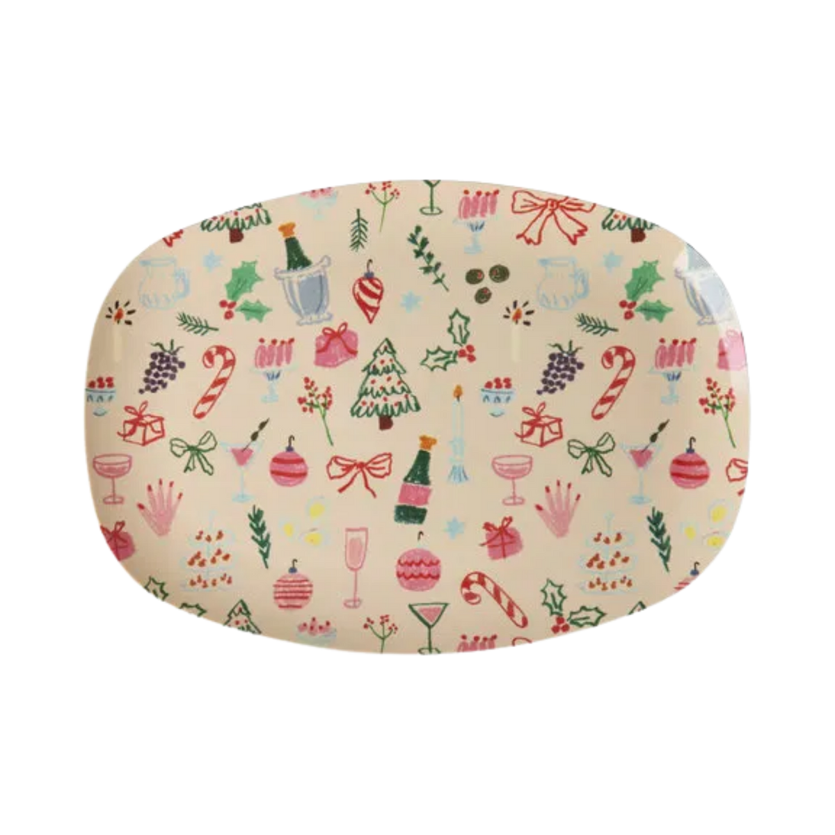Melamine Christmas plate with colorful tree, bauble, candy cane and ribbon pattern