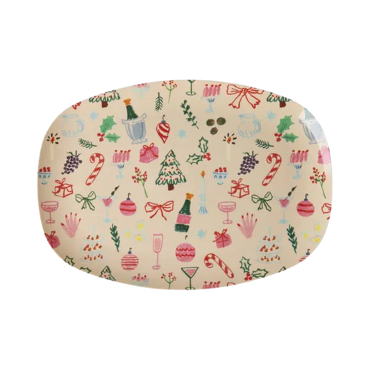 Melamine Christmas plate with colorful tree, bauble, candy cane and ribbon pattern