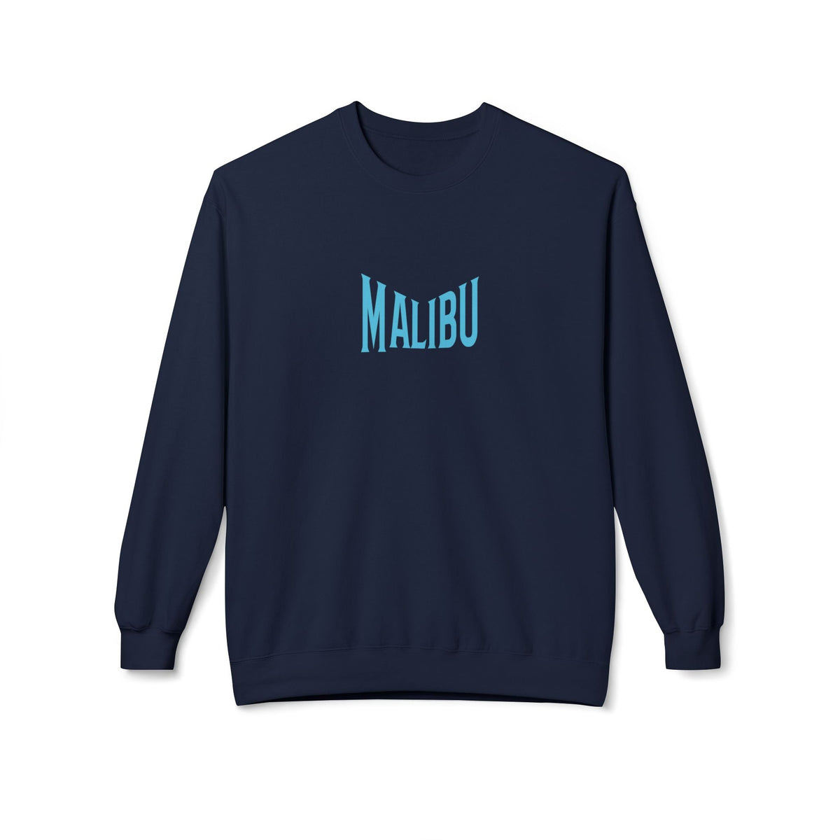 Fleece sweatshirt in navy with teal MALIBU graphic on front