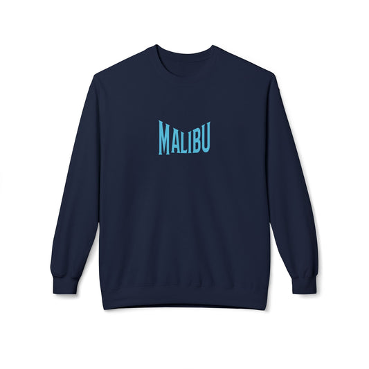 Fleece sweatshirt in navy with teal MALIBU graphic on front