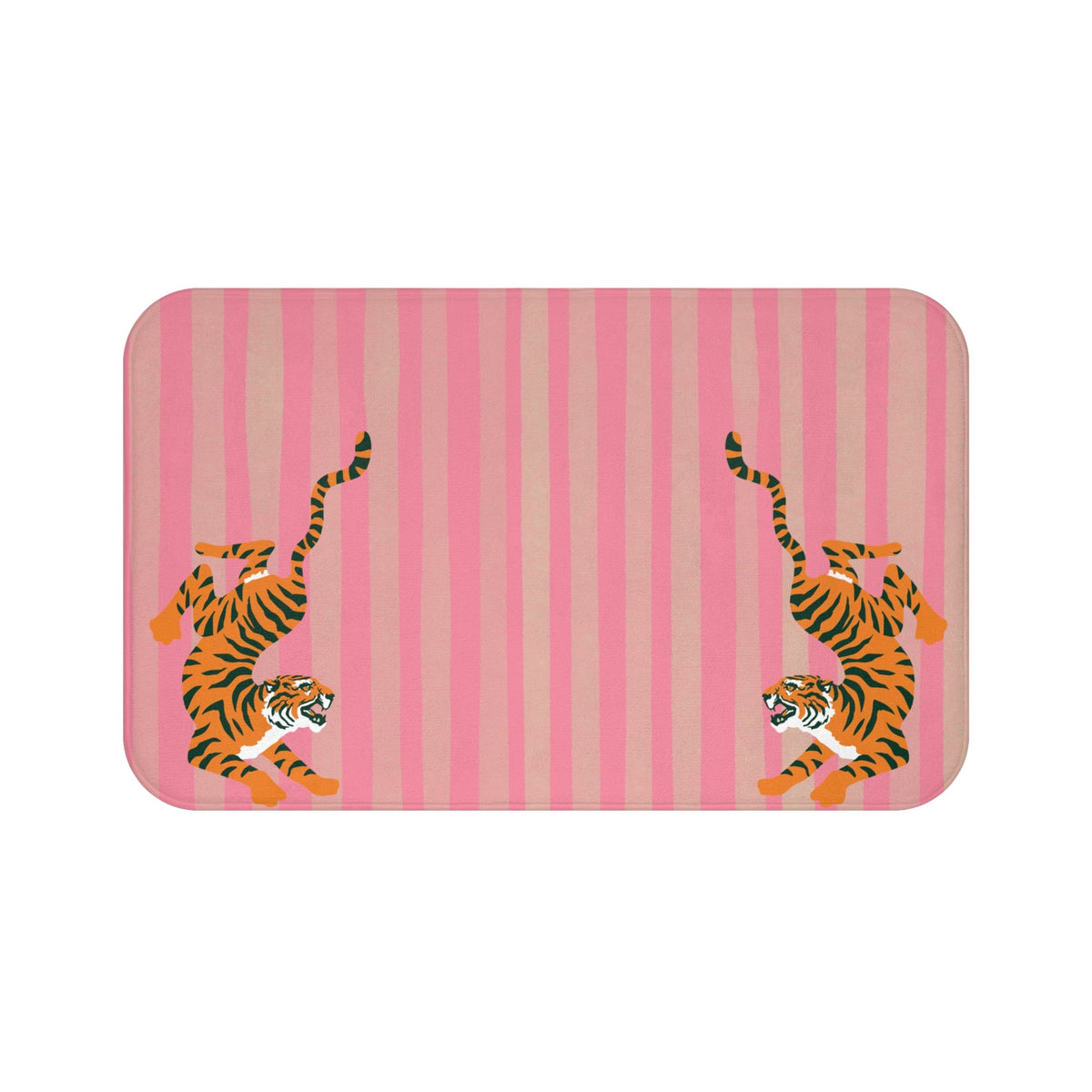 Pink striped bath mat with two tiger illustrations on the ends