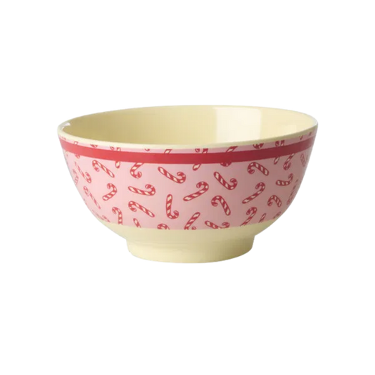 Medium melamine bowl with candy cane print, pink-and-white