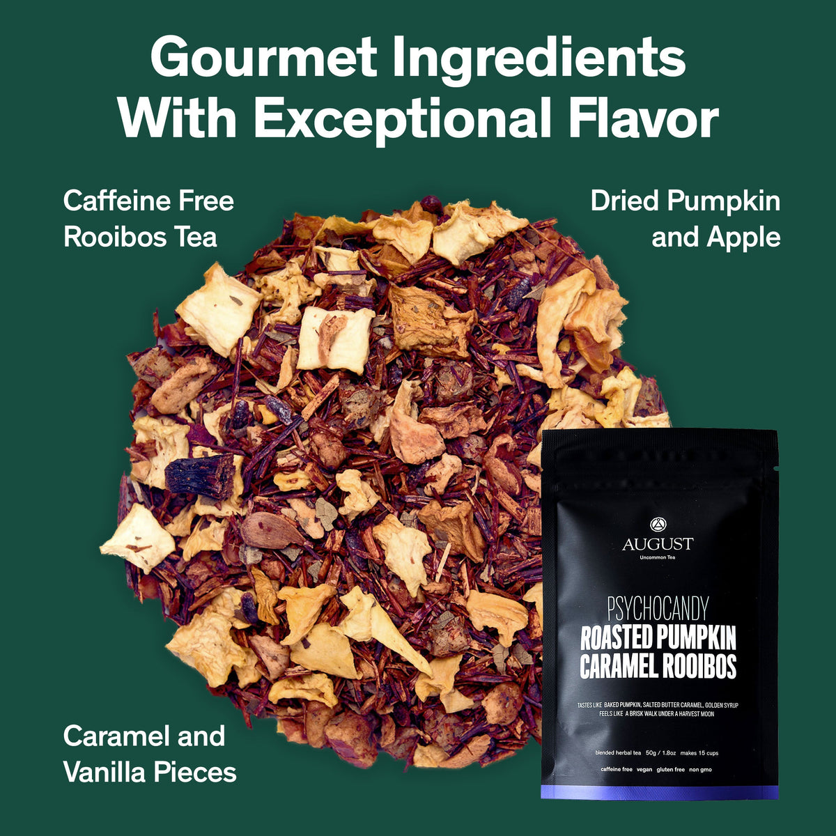 Psychocandy rooibos tea blend with a pouch; dried pumpkin, apple, caramel, and vanilla pieces.