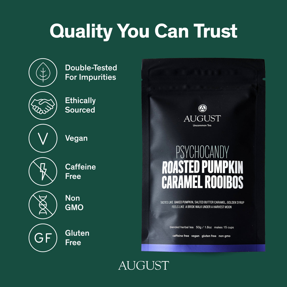 Psychocandy roasted pumpkin caramel rooibos tea pouch with a purple lower band.