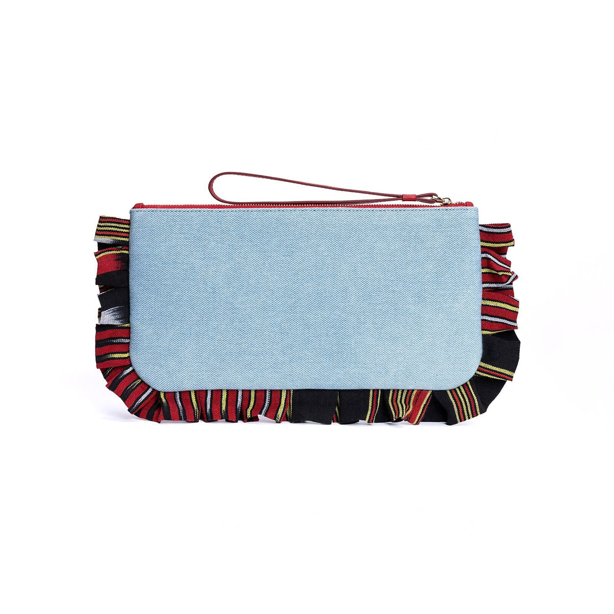 Light blue denim clutch with rounded flap and fringed striped trim with red zipper