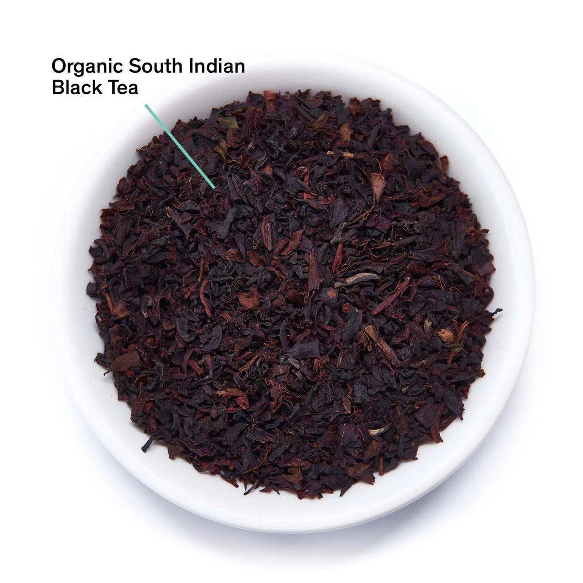 Loose organic South Indian black tea leaves in a white bowl