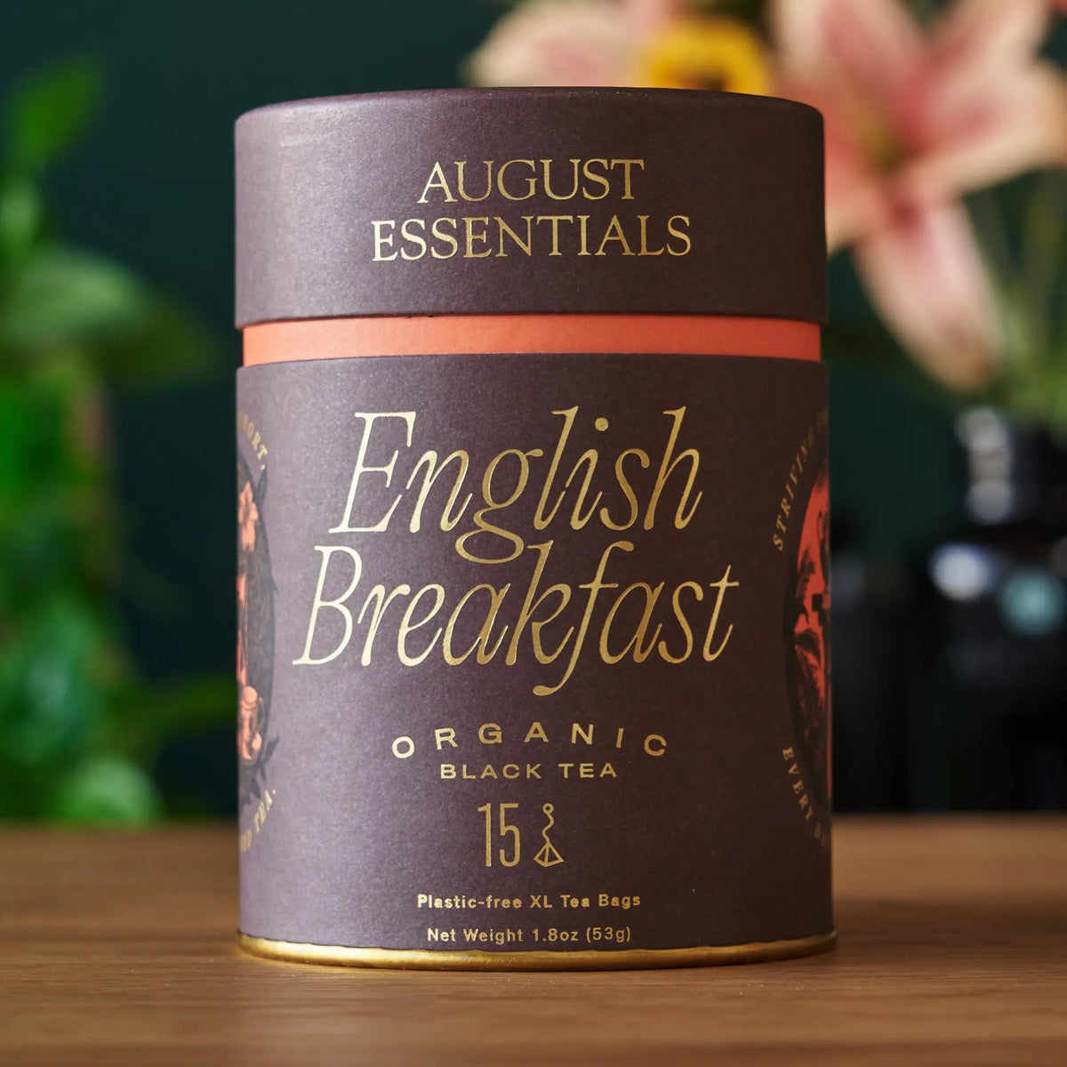 August Essentials English Breakfast black tea tin, front label showing 15 tea bags