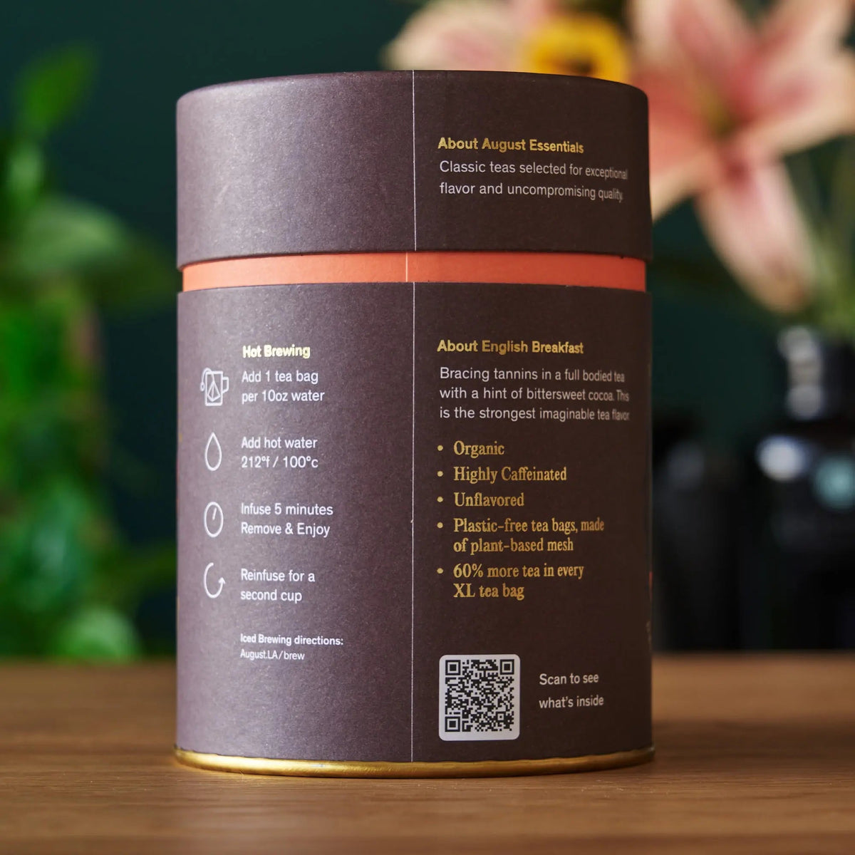 August Essentials tea tin, back label with brewing instructions and product details