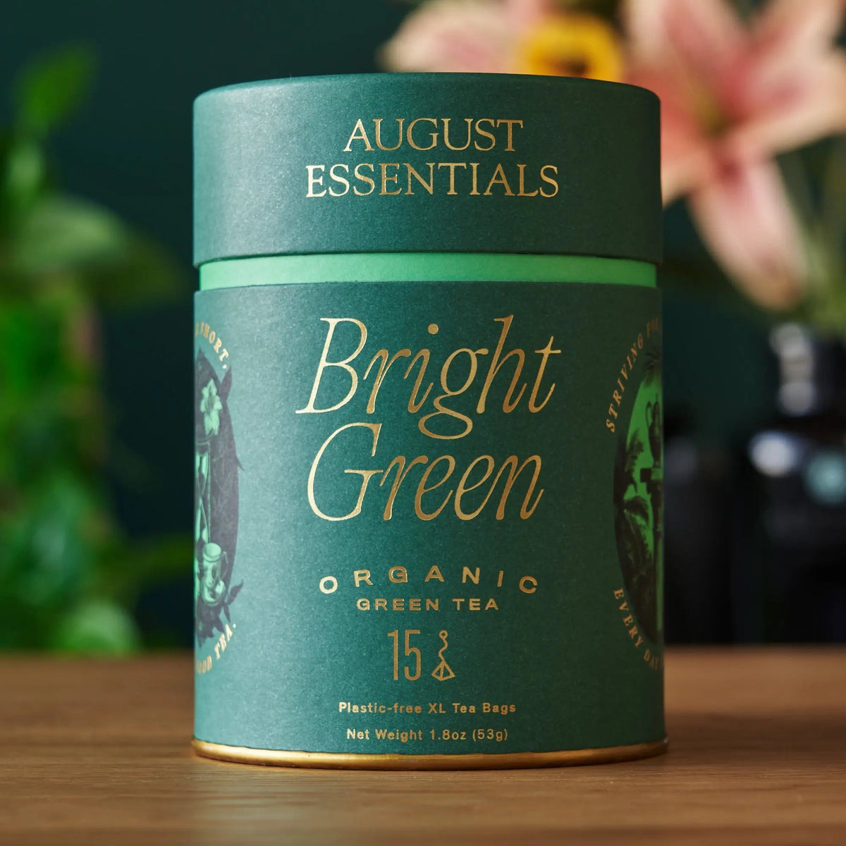 August Essentials Bright Green organic green tea tin with 15 tea bags