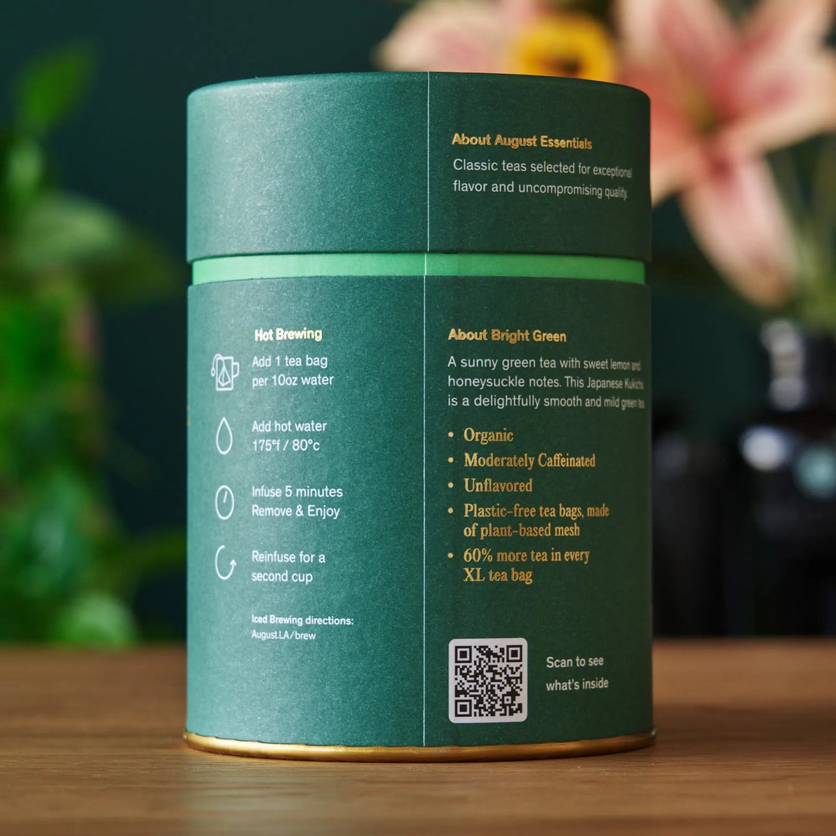 Back of the August Essentials Bright Green tea tin with brewing instructions