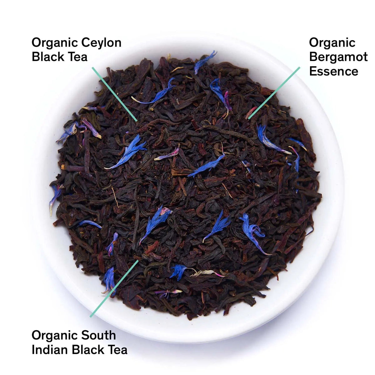 Loose Earl Grey black tea leaves with blue petals in a white bowl; labels note Ceylon and bergamot.