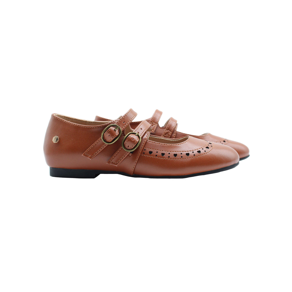 Brown leather slip-on shoes with double buckles and perforated wingtip toe