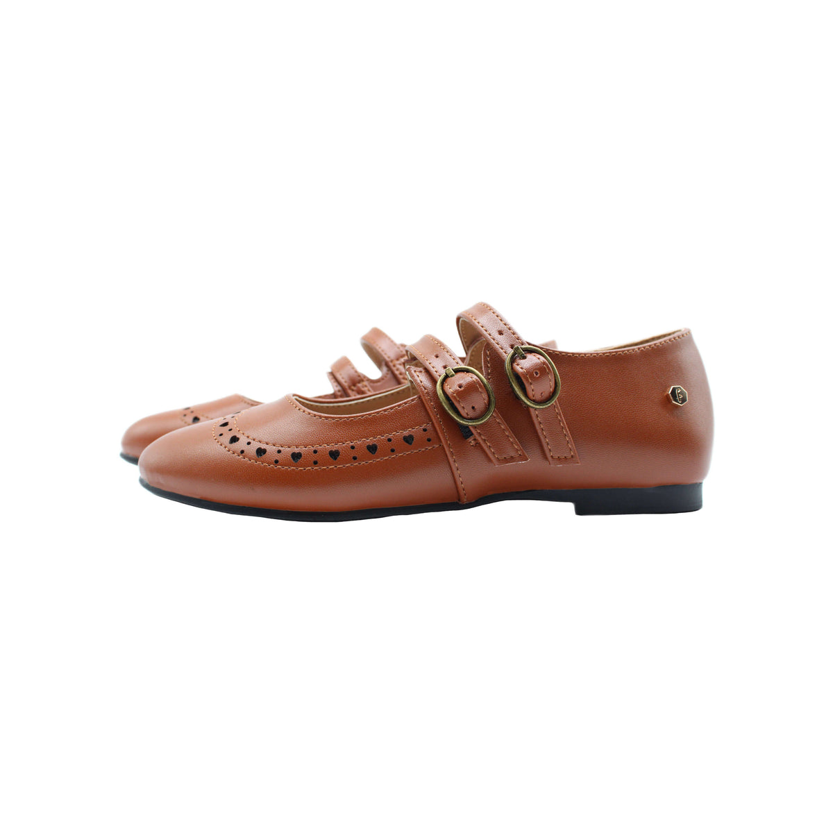 Brown leather low-profile shoes with buckle straps and brogue-style perforations
