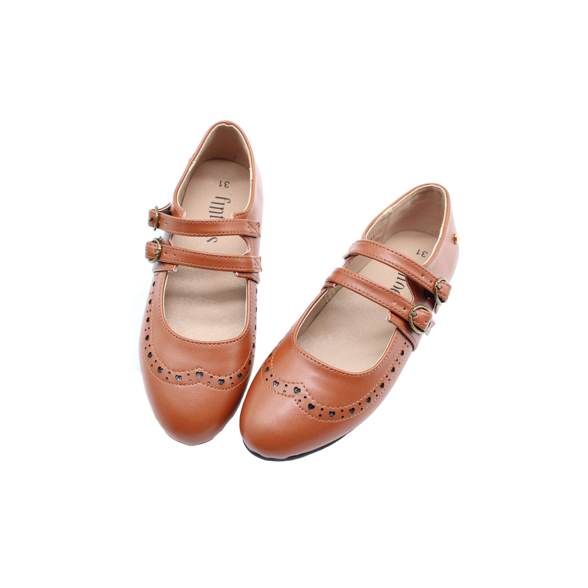 Brown leather Mary Jane flats with double buckle straps and perforated toe