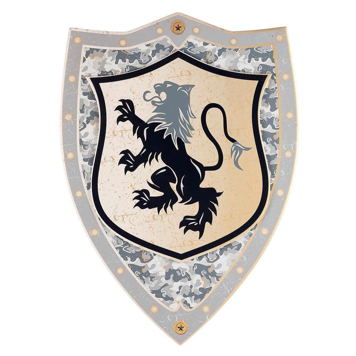 Kids costume shield with lion dragon emblem, gray camouflage border